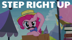 Size: 1280x720 | Tagged: safe, edit, edited screencap, editor:quoterific, screencap, pinkie pie, earth pony, pony, g4, season 4, trade ya!, facial hair, female, hat, mare, moustache, smiling, solo