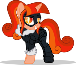 Size: 1280x1095 | Tagged: safe, artist:mlp-trailgrazer, oc, oc only, oc:starry flame, alicorn, pony, black cat, catsuit, clothes, cosplay, costume, female, grin, mare, simple background, smiling, solo, transparent background