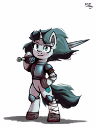 Size: 3000x4000 | Tagged: safe, artist:ami-gami, oc, oc only, oc:aquaria lance, pony, unicorn, armor, bandage, bandaged leg, bipedal, bracer, female, gauntlet, guardsmare, knight, mare, pauldron, royal guard, simple background, solo, sword, weapon, white background