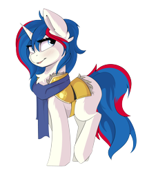 Size: 3840x4512 | Tagged: source needed, safe, artist:beardie, oc, oc only, oc:relache, pony, unicorn, blushing, chest fluff, clothes, scarf, smiling, solo