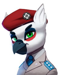 Size: 3218x4000 | Tagged: source needed, safe, artist:mrscroup, oc, oc only, oc:grenadier, griffon, beret, bust, hat, looking at you, portrait, smiling, solo