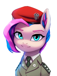Size: 2976x4000 | Tagged: source needed, safe, artist:mrscroup, oc, oc only, oc:vapourwave, pegasus, pony, beret, clothes, hat, looking at you, smiling, solo, uniform