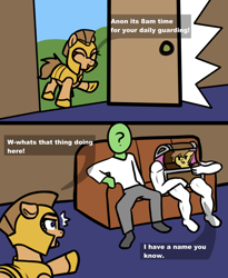 Size: 774x943 | Tagged: safe, artist:neuro, oc, oc only, oc:anon, oc:small fortune, earth pony, human, mimic, pony, 2 panel comic, armor, arms, blue eyes, buff, chest, comic, dialogue, ears, earth pony oc, female, floppy ears, guardsmare, helmet, hoof shoes, legs, mare, muscles, open mouth, pointing, ponybooru import, royal guard, shrunken pupils