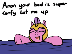 Size: 671x498 | Tagged: safe, artist:neuro, oc, oc only, earth pony, pony, animated, armor, bed, cute, dialogue, eyes closed, female, gif, guardsmare, helmet, mare, open mouth, ponybooru import, royal guard, simple background, solo, transparent background, underhoof