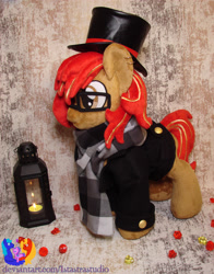 Size: 2304x2936 | Tagged: safe, artist:1stastrastudio, oc, oc only, oc:knight, pony, clothes, hat, high res, irl, lantern, male, photo, plushie, scarf, solo, stallion, top hat