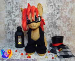 Size: 2837x2304 | Tagged: safe, artist:1stastrastudio, oc, oc only, oc:knight, pony, clothes, hat, high res, irl, lantern, male, photo, plushie, scarf, solo, stallion, top hat