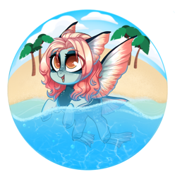 Size: 1280x1291 | Tagged: safe, artist:cloud-fly, oc, oc only, oc:frilly, pony, beach, chibi, female, freckles, partially submerged, smiling, solo, swimming, underwater, water