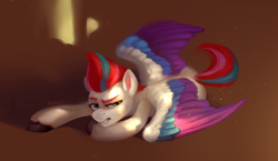 Size: 2470x1430 | Tagged: safe, artist:jewellier, zipp storm, pegasus, pony, g5, female, folded wings, lying down, mare, morning, morning ponies, simple background, sleepy, solo, sunlight, unamused, wings, zipp storm is not amused