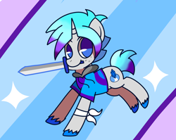 Size: 4900x3900 | Tagged: safe, artist:mythril azure, oc, oc only, oc:mythril azure, pony, unicorn, clothes, cloven hooves, colt, hoodie, male, solo, sword, weapon