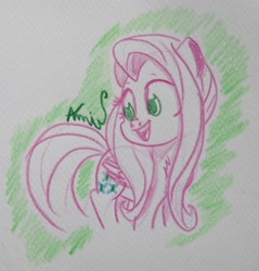 Size: 2514x2627 | Tagged: safe, artist:c.a.m.e.l.l.i.a, fluttershy, g4, cute, green background, high res, looking back, simple background, traditional art