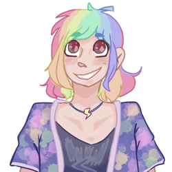 Size: 1000x1000 | Tagged: safe, artist:sunnflowerr06, rainbow dash, human, g4, alternate hairstyle, clothes, female, grin, humanized, jewelry, necklace, shirt, simple background, smiling, solo, transparent background