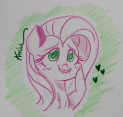 Size: 2754x2636 | Tagged: safe, artist:c.a.m.e.l.l.i.a, fluttershy, pony, g4, green background, high res, simple background, solo, traditional art