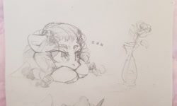 Size: 1280x768 | Tagged: safe, artist:laymy, oc, oc only, pony, ..., floppy ears, flower, looking at something, pencil drawing, solo, traditional art, vase