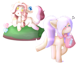 Size: 1280x1070 | Tagged: safe, artist:pasteldraws, oc, butterfly, cow, cow pony, earth pony, pony, accessory, blushing, candy, food, lying down, pigtails, simple background, transparent background