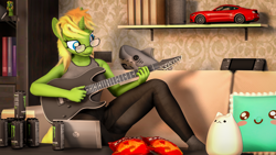 Size: 3840x2160 | Tagged: safe, artist:arcanetesla, oc, oc only, oc:mysti tesla, unicorn, anthro, 3d, clothes, couch, cute, glasses, guitar, high res, monster energy, musical instrument, pants, solo, source filmmaker, stocking feet, tank top