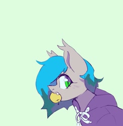 Size: 1055x1080 | Tagged: safe, artist:laymy, oc, oc only, oc:pearly lime, bat pony, pony, apple, biting, clothes, fangs, food, green background, hoodie, simple background, solo