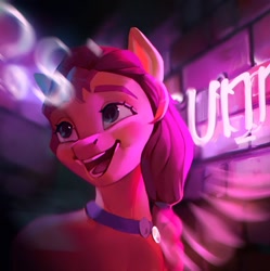 Size: 1193x1200 | Tagged: safe, artist:annna markarova, sunny starscout, earth pony, pony, g5, female, happy, mare, neon, open mouth, smiling, solo