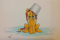 Size: 2592x1734 | Tagged: safe, artist:maikeruto, sunset shimmer, pony, unicorn, g4, bucket, female, fiery shimmer, frown, headbucket, high res, mare, newbie artist training grounds, not fiery shimmer, solo, subverted meme, sunset shimmer is not amused, traditional art, unamused, upset, water, wet, wet mane