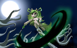 Size: 2440x1536 | Tagged: safe, artist:kijojora, earth pony, anthro, arm hooves, breasts, moon, solo, sword, tentacles, weapon