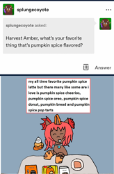 Size: 1098x1673 | Tagged: safe, artist:ask-luciavampire, oc, oc only, oc:harvest amber, pony, unicorn, ask ponys gamer club, ask, food, tumblr