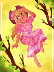 Size: 1536x2048 | Tagged: safe, artist:cosmicponye, applejack, human, g4, applejack's hat, barefoot, blushing, clothes, cowboy hat, cute, dress, feet, female, freckles, hat, humanized, jackabetes, open mouth, solo, tree, tree branch