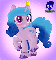 Size: 3840x4154 | Tagged: safe, artist:damlanil, izzy moonbow, pony, unicorn, g5, ball, blushing, bracelet, cute, female, grin, horn, horn impalement, hornball, izzy's tennis ball, izzybetes, jewelry, leg fluff, mare, raised hoof, raised leg, shiny, show accurate, smiling, solo, standing on two hooves, tennis ball, vector