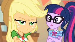 Size: 3410x1920 | Tagged: safe, screencap, applejack, sci-twi, twilight sparkle, equestria girls, equestria girls series, g4, holidays unwrapped, the cider louse fools, spoiler:eqg series (season 2), applejack is not amused, applejack's hat, bowtie, clothes, cowboy hat, crossed arms, cutie mark, cutie mark on clothes, female, geode of super strength, geode of telekinesis, glasses, hat, jewelry, magical geodes, necklace, open mouth, ponytail, unamused