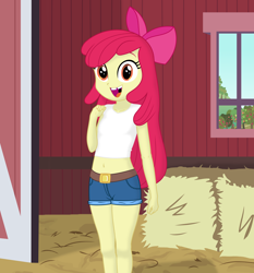 Size: 5598x6000 | Tagged: safe, artist:dtavs.exe, apple bloom, equestria girls, g4, absurd resolution, barn, belly button, clothes, denim shorts, female, hay, midriff, missing teeth, open mouth, open smile, shorts, show accurate, smiling, solo