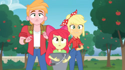 Size: 3410x1920 | Tagged: safe, screencap, apple bloom, applejack, big macintosh, equestria girls, equestria girls specials, g4, my little pony equestria girls: better together, my little pony equestria girls: holidays unwrapped, the cider louse fools, apple, apple bloom's bow, bow, bucket, female, food, geode of super strength, hair bow, jewelry, magical geodes, male, necklace, open mouth, tree