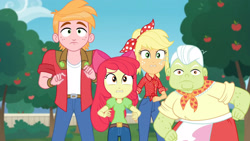 Size: 3410x1920 | Tagged: safe, screencap, apple bloom, applejack, big macintosh, granny smith, equestria girls, equestria girls specials, g4, my little pony equestria girls: better together, my little pony equestria girls: holidays unwrapped, the cider louse fools, alternate hairstyle, angry, apple, apple bloom's bow, apple family, apple tree, bandana, bow, female, food, geode of super strength, hair bow, jewelry, magical geodes, male, necklace, orchard, surprised, tree