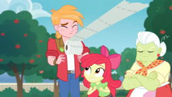 Size: 3410x1920 | Tagged: safe, screencap, apple bloom, big macintosh, granny smith, equestria girls, equestria girls specials, g4, my little pony equestria girls: better together, my little pony equestria girls: holidays unwrapped, the cider louse fools, apple, apple bloom's bow, bow, eyes closed, female, food, hair bow, male, paper towels, toilet paper, tree