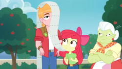 Size: 3410x1920 | Tagged: safe, screencap, apple bloom, big macintosh, granny smith, equestria girls, equestria girls specials, g4, my little pony equestria girls: better together, my little pony equestria girls: holidays unwrapped, the cider louse fools, angry, apple, apple bloom's bow, bow, crossed arms, female, food, granny smith is not amused, hair bow, male, paper towels, toilet paper, tree, unamused
