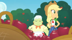 Size: 3410x1920 | Tagged: safe, screencap, applejack, granny smith, equestria girls, equestria girls specials, g4, my little pony equestria girls: better together, my little pony equestria girls: holidays unwrapped, the cider louse fools, apple, applejack's hat, belt, clothes, cowboy hat, cutie mark, cutie mark on clothes, denim skirt, eyes closed, female, food, geode of super strength, hand on hip, hat, jewelry, magical geodes, necklace, skirt, smiling, tree