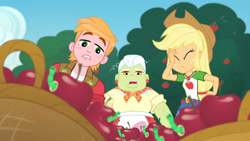 Size: 3410x1920 | Tagged: safe, screencap, applejack, big macintosh, granny smith, equestria girls, equestria girls specials, g4, my little pony equestria girls: better together, my little pony equestria girls: holidays unwrapped, the cider louse fools, apple, applejack's hat, belt, clothes, cowboy hat, cutie mark, cutie mark on clothes, denim skirt, eyes closed, facepalm, female, food, geode of super strength, hat, jewelry, magical geodes, male, necklace, open mouth, skirt, smiling, tree