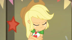Size: 3410x1920 | Tagged: safe, screencap, applejack, equestria girls, equestria girls specials, g4, my little pony equestria girls: better together, my little pony equestria girls: holidays unwrapped, the cider louse fools, applejack's hat, clothes, cowboy hat, crossed arms, cutie mark, cutie mark on clothes, eyes closed, female, geode of super strength, hat, jewelry, magical geodes, necklace, solo
