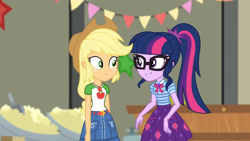 Size: 3410x1920 | Tagged: safe, screencap, applejack, sci-twi, twilight sparkle, equestria girls, equestria girls series, g4, holidays unwrapped, the cider louse fools, spoiler:eqg series (season 2), applejack's hat, belt, bowtie, clothes, cowboy hat, cutie mark, cutie mark on clothes, denim skirt, female, geode of super strength, geode of telekinesis, glasses, hat, jewelry, magical geodes, necklace, ponytail, skirt, smiling