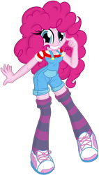 Size: 3079x5402 | Tagged: safe, artist:dtavs.exe, artist:shadowhawx, pinkie pie, equestria girls, g4, breasts, busty pinkie pie, clothes, colored, female, grin, happy, looking at you, overalls, simple background, smiling, socks, solo, stockings, striped legwear, striped socks, thigh highs, transparent background