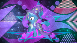 Size: 3840x2160 | Tagged: safe, artist:laszlvfx, artist:le-23, edit, trixie, pony, g4, brooch, cape, clothes, hat, high res, jewelry, magic, solo, trixie's brooch, trixie's cape, trixie's glowing brooch, trixie's hat, wallpaper, wallpaper edit