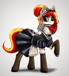 Size: 1980x2160 | Tagged: safe, artist:shamziwhite, oc, oc only, oc:searing flare, alicorn, pony, clothes, commission, costume, duster, female, latex, maid, mouth hold, raised hoof, simple background, socks, solo, stockings, suit, thigh highs, white background