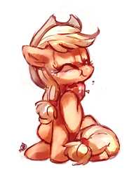 Size: 2100x2700 | Tagged: safe, artist:whitediamonds, applejack, earth pony, pony, g4, :t, apple, cute, eating, eyes closed, female, food, happy, herbivore, high res, hoof hold, jackabetes, mare, simple background, sitting, smiling, solo, that pony sure does love apples, white background