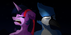 Size: 2200x1080 | Tagged: safe, artist:diamondgreenanimat0, twilight sparkle, unicorn, anthro, g4, 2021, airplanes (song), crossover, crossover shipping, crying, expressions, eyes closed, female, male, mordecai, mordetwi, pain, regular show, scene interpretation, scenery, shadow, shipping, shooting star, sky, straight