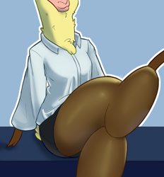 Size: 1056x1139 | Tagged: safe, artist:hitsuji, paprika (tfh), alpaca, anthro, them's fightin' herds, clothes, cloven hooves, community related, crossed legs, female, pantyhose, skirt, smiling, solo
