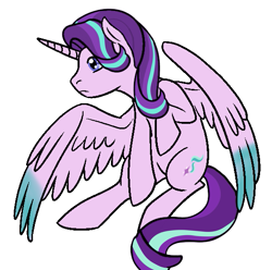 Size: 571x567 | Tagged: safe, artist:taeko, derpibooru exclusive, starlight glimmer, alicorn, pony, g4, alicornified, backwards cutie mark, base used, basic, black outlines, blue tipped wings, colored wings, cutie mark, flying, frown, large wings, multicolored mane, multicolored tail, no shading, no source available, pink body, png, purple eyes, purple mane, purple tail, race swap, realistic wings, simple background, small ears, solo, starlicorn, starlight glimmer is overpowered, white background, wings, xk-class end-of-the-world scenario