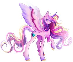 Size: 2397x2040 | Tagged: safe, artist:damayantiarts, princess cadance, alicorn, pony, g4, colored hooves, curved horn, female, freckles, high res, horn, looking at you, mare, raised hoof, simple background, solo, unshorn fetlocks, white background