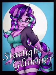 Size: 3401x4535 | Tagged: safe, alternate version, artist:canvymamamoo, starlight glimmer, unicorn, anthro, g4, :p, abstract background, beanie, belly button, big breasts, blushing, breasts, busty starlight glimmer, chest fluff, clothes, ear fluff, female, glasses, hat, jacket, midriff, shorts, socks, solo, stockings, striped socks, thigh highs, tongue out
