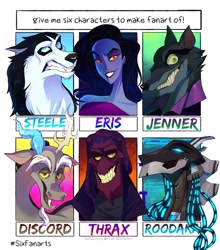Size: 1799x2048 | Tagged: safe, artist:dymitre, discord, draconequus, anthro, g4, crossover, eris, female, male, six fanarts, smiling, smirk
