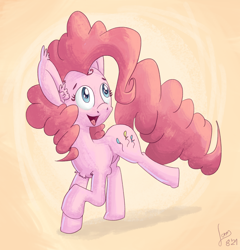 Size: 1600x1670 | Tagged: artist needed, safe, pinkie pie, earth pony, pony, g4, chest fluff, ear fluff, ear tufts, female, looking up, mare, open mouth, open smile, raised hoof, raised leg, simple background, smiling, solo, turned head