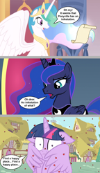 Size: 1140x1974 | Tagged: safe, artist:silverbuller, edit, edited screencap, screencap, princess celestia, princess luna, twilight sparkle, alicorn, insect, ladybug, pony, g4, interseason shorts, starlight the hypnotist, coccinellidaephobia, comic, covering, floppy ears, insect on horn, insect on nose, ladybug on nose, royal sisters, screencap comic, siblings, sisters, twilight hates ladybugs, twilight sparkle (alicorn), wing covering, wing hands, wings