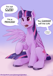 Size: 1754x2480 | Tagged: safe, artist:pwnagespartan, twilight sparkle, alicorn, pony, blatant lies, blushing, cute, female, i'm not cute, mare, raised hoof, redraw, solo, speech bubble, tsundere, tsunlight sparkle, twiabetes, twilight sparkle (alicorn)