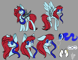 Size: 2224x1736 | Tagged: safe, artist:donnie-moon, oc, oc only, oc:ren, pegasus, pony, female, glasses, gray background, mare, pegasus oc, raised hoof, reference sheet, simple background, smiling, sombra eyes, wings